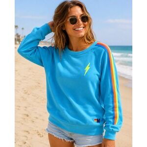 Aviator Nation Bolt Crewneck Sweatshirt Neon Stripe Blue Pullover Retro Small